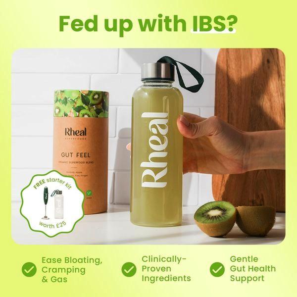 This 1:1 square ad creative uses a clean, benefit-focused layout to present a superfood drink as a direct solution for digestive discomfort.
